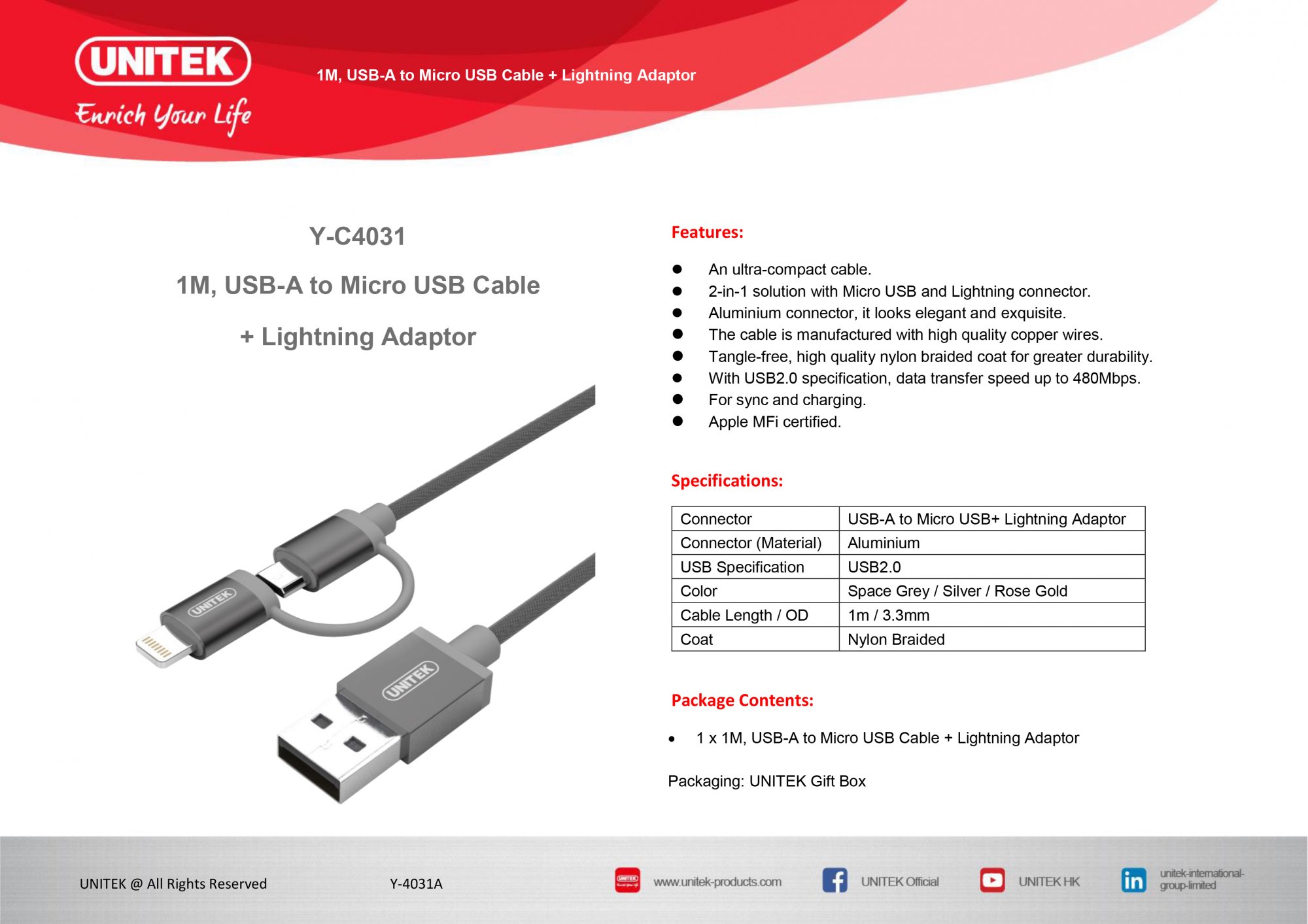 Cáp chuyển USB 2.0 -> Lightning + Micro USB hãng  UNITEK mã  Y-C4031RG dài 1m